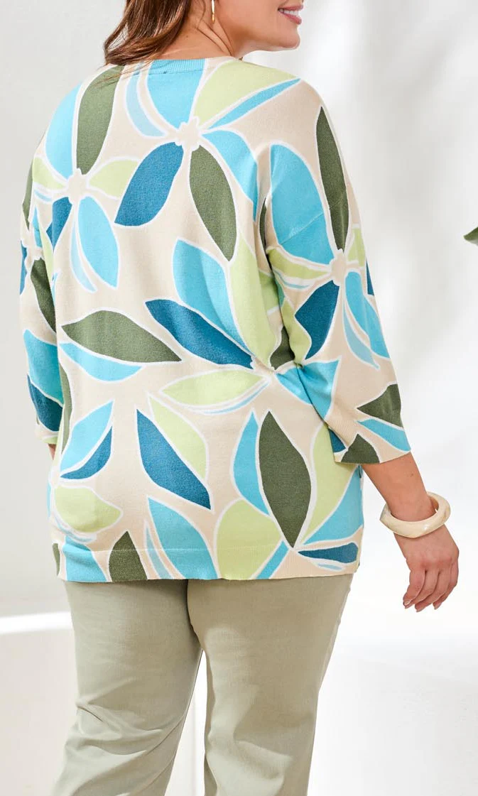 Abstract Leaf Print 3/4 Sleeve Knit Pullover - Image 2