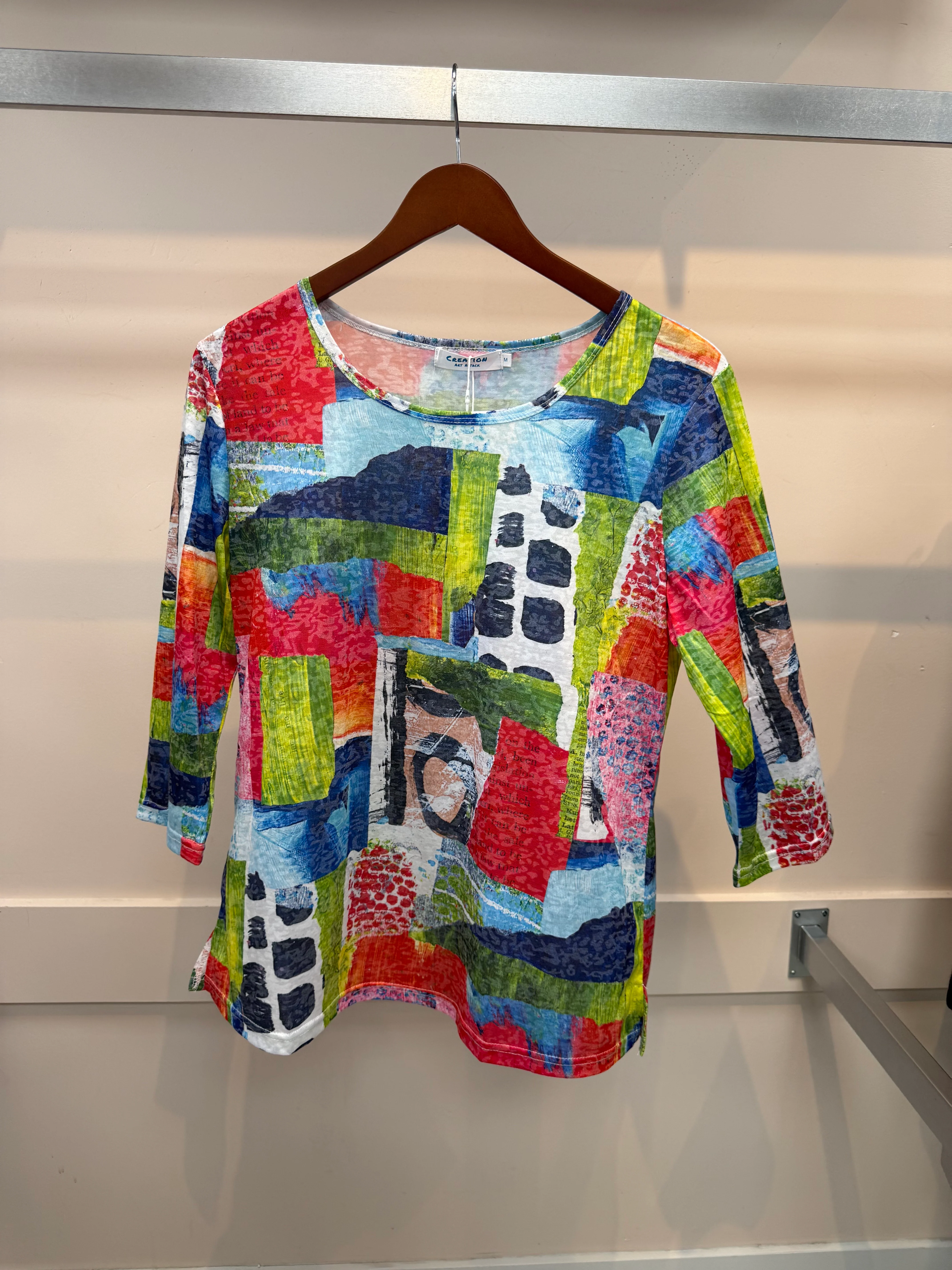 Abstract Patchwork Print 3/4 Sleeve Colorful Art-Inspired Blouse - Image 3