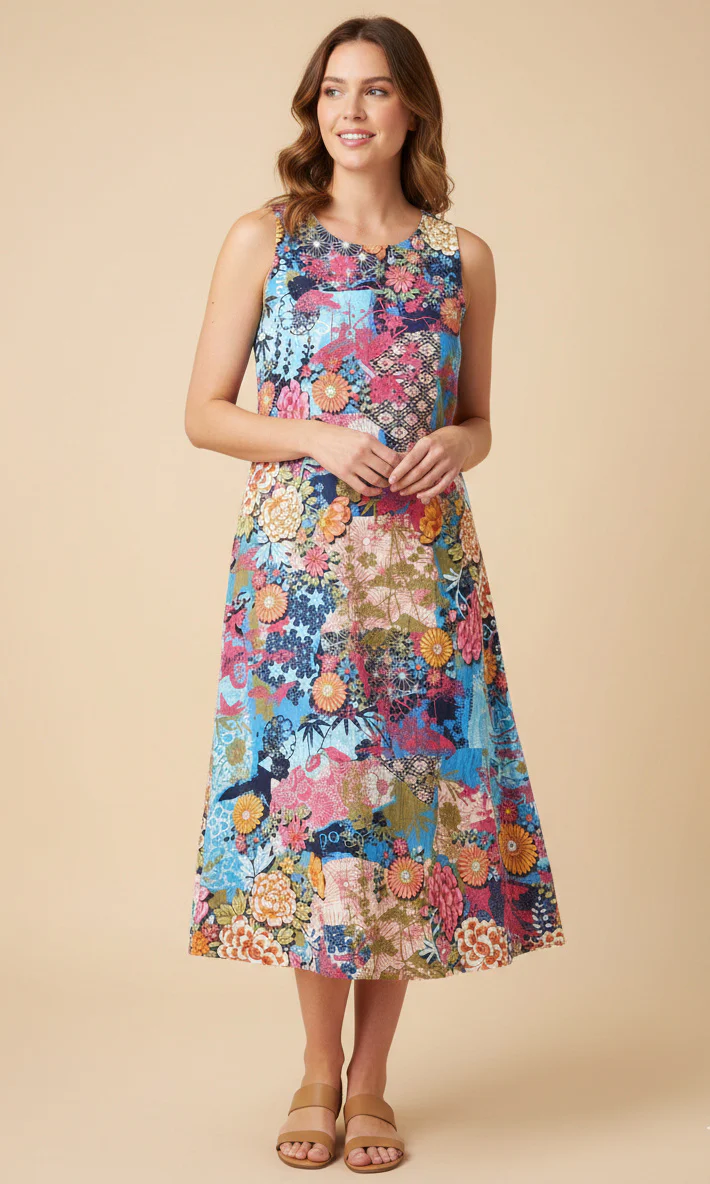 Patchwork Floral A-Line Midi Dress