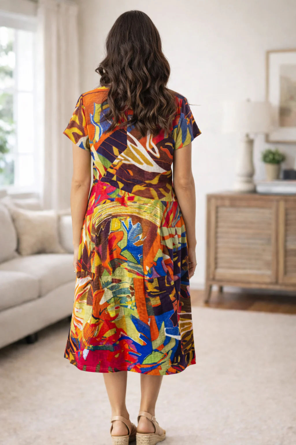 Abstract Print Short Sleeve Midi Dress with Pockets - Image 3