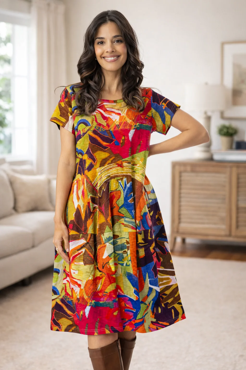Abstract Print Short Sleeve Midi Dress with Pockets - Image 4
