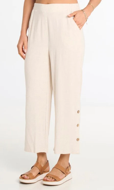 Button-Hem Cropped Wide-Leg Pull-On Pant