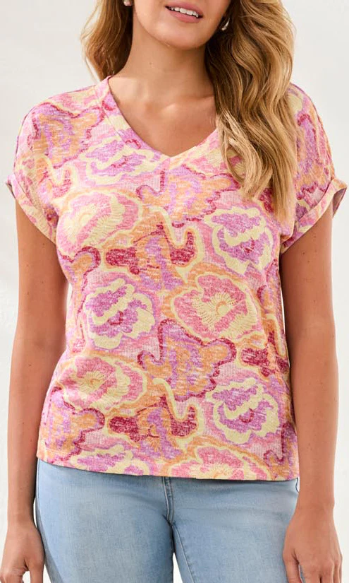 Abstract Floral V-Neck Short Sleeve Top - Image 6