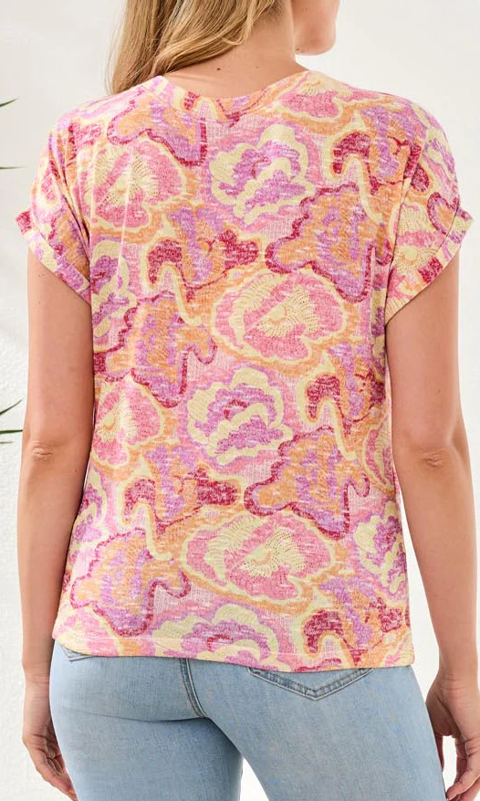 Abstract Floral V-Neck Short Sleeve Top - Image 8
