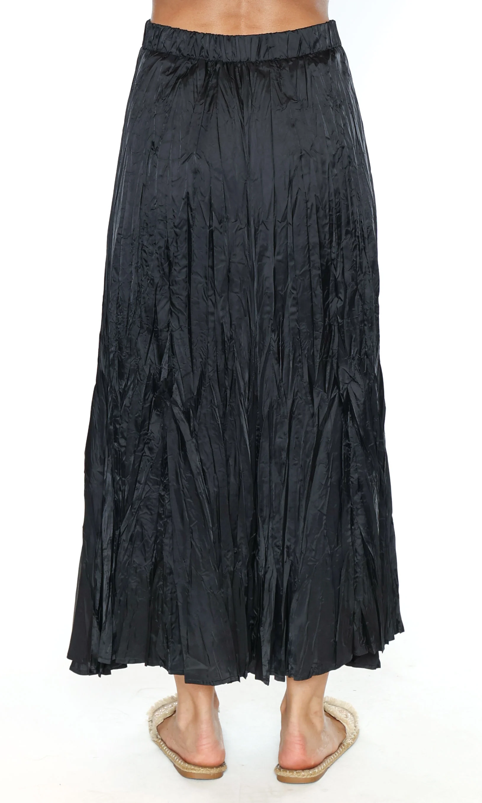 Black Crinkle Pleated Midi Skirt with Elastic Waist - Image 2
