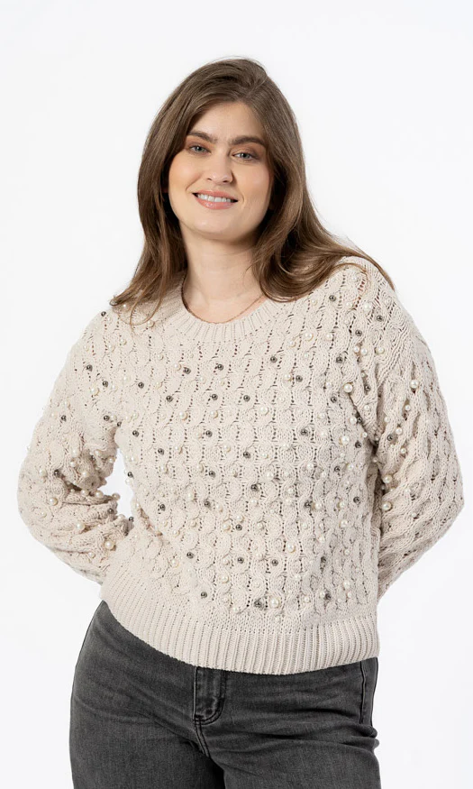 Pearl Detail Cable Knit Sweater