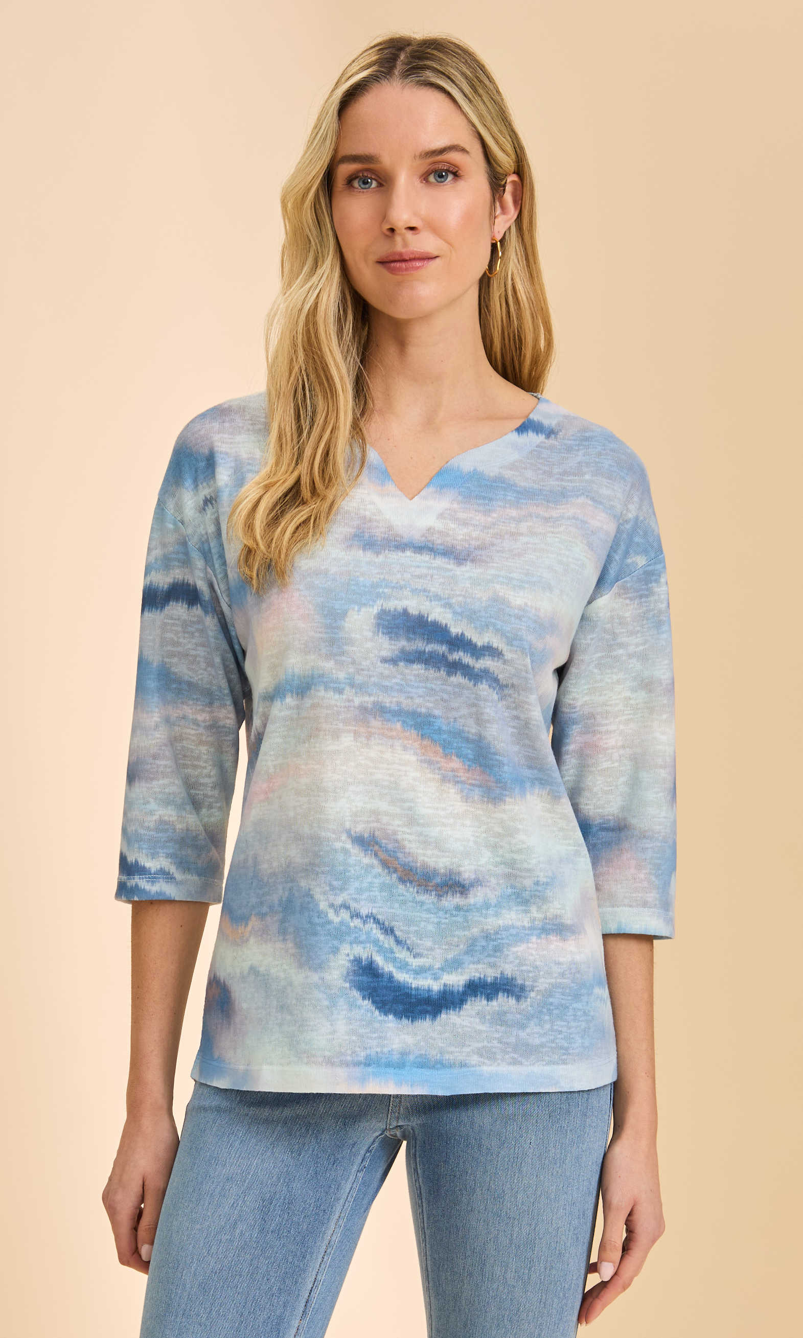 Soft Tie-Dye Knit 3/4 Sleeve V-Neck Casual Pullover
