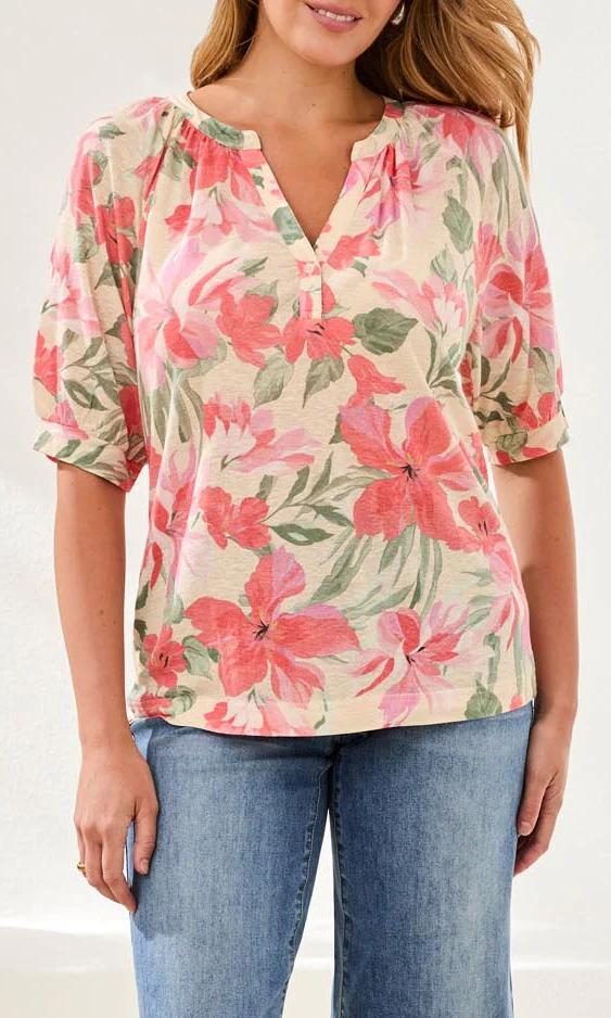 Floral Split Neck Blouse with Puff Sleeves