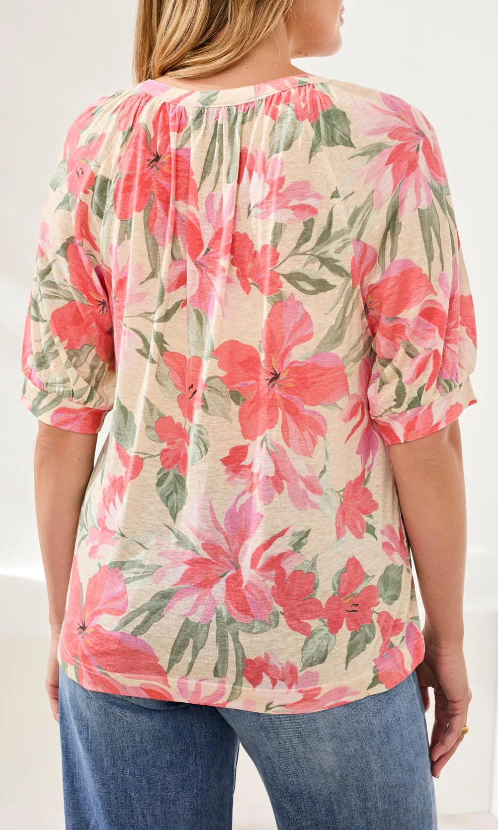 Floral Split Neck Blouse with Puff Sleeves - Image 2