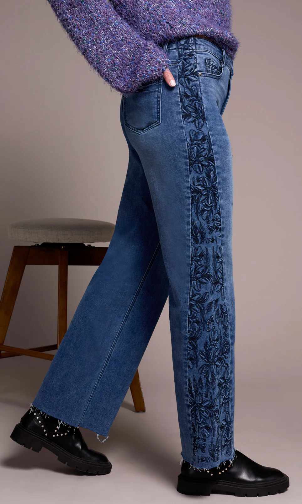Tonal Floral Embroidered Denim - Image 3