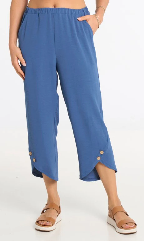 Button-Hem Cropped Wide-Leg Pull-On Pant