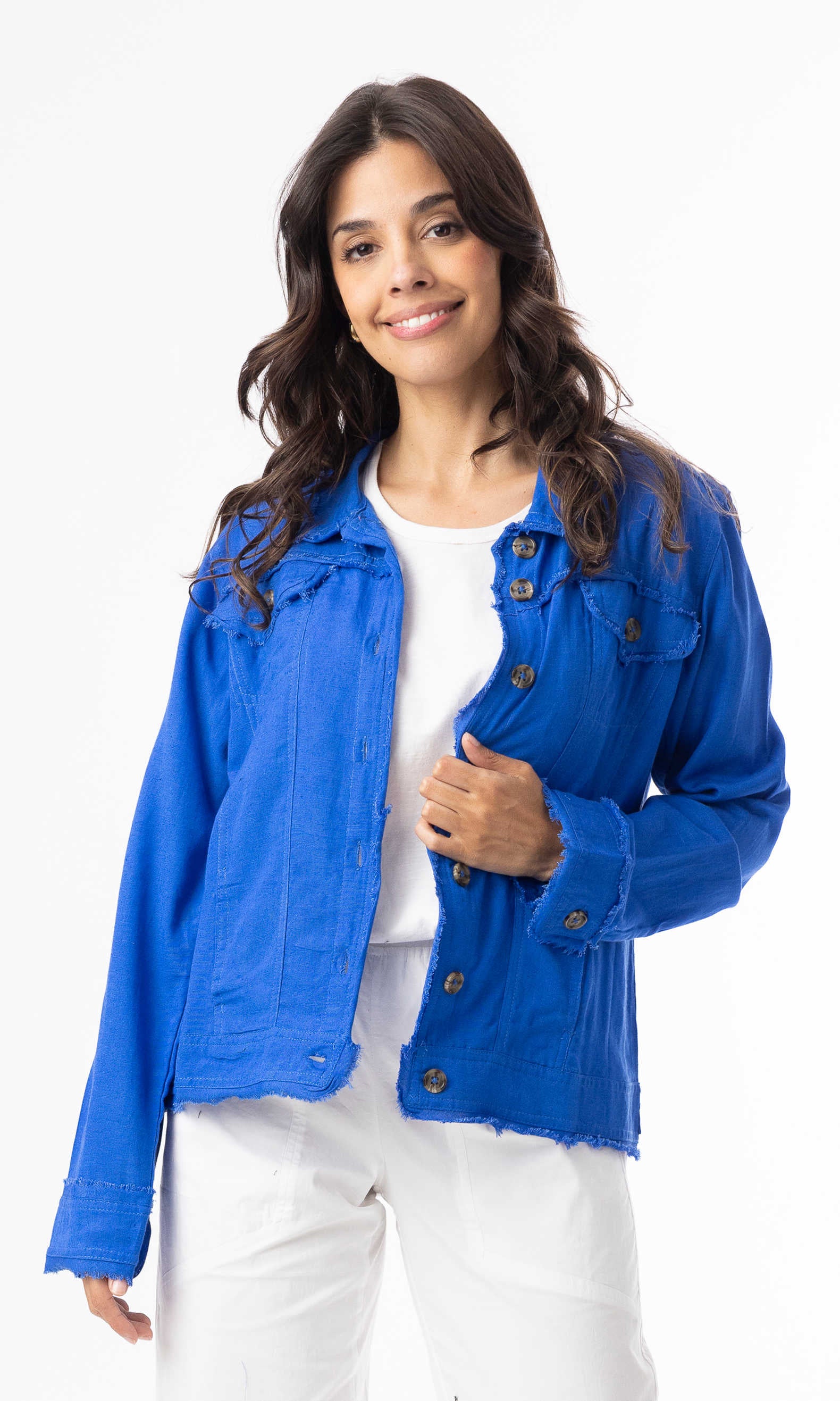 Frayed Edge Linen Blend Button Front Jacket - Image 3