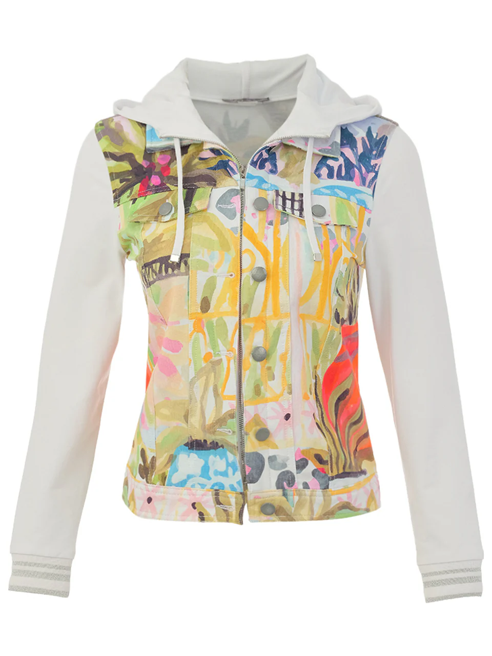 Printed Zip Front Hooded Jacket with Stretch Knit Sleeves - Image 3