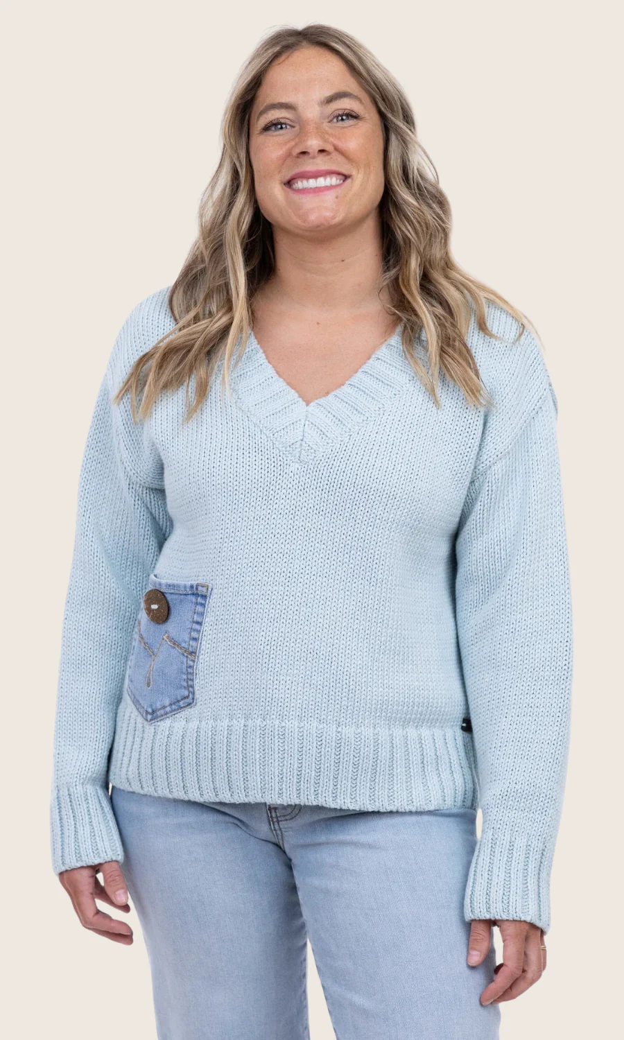 V-Neck Knit Sweater Relaxed Pullover With Denim Pocket
