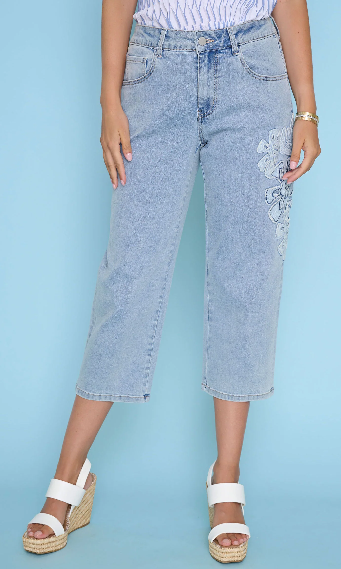 Cropped Wide Leg Embroidered Denim Jeans