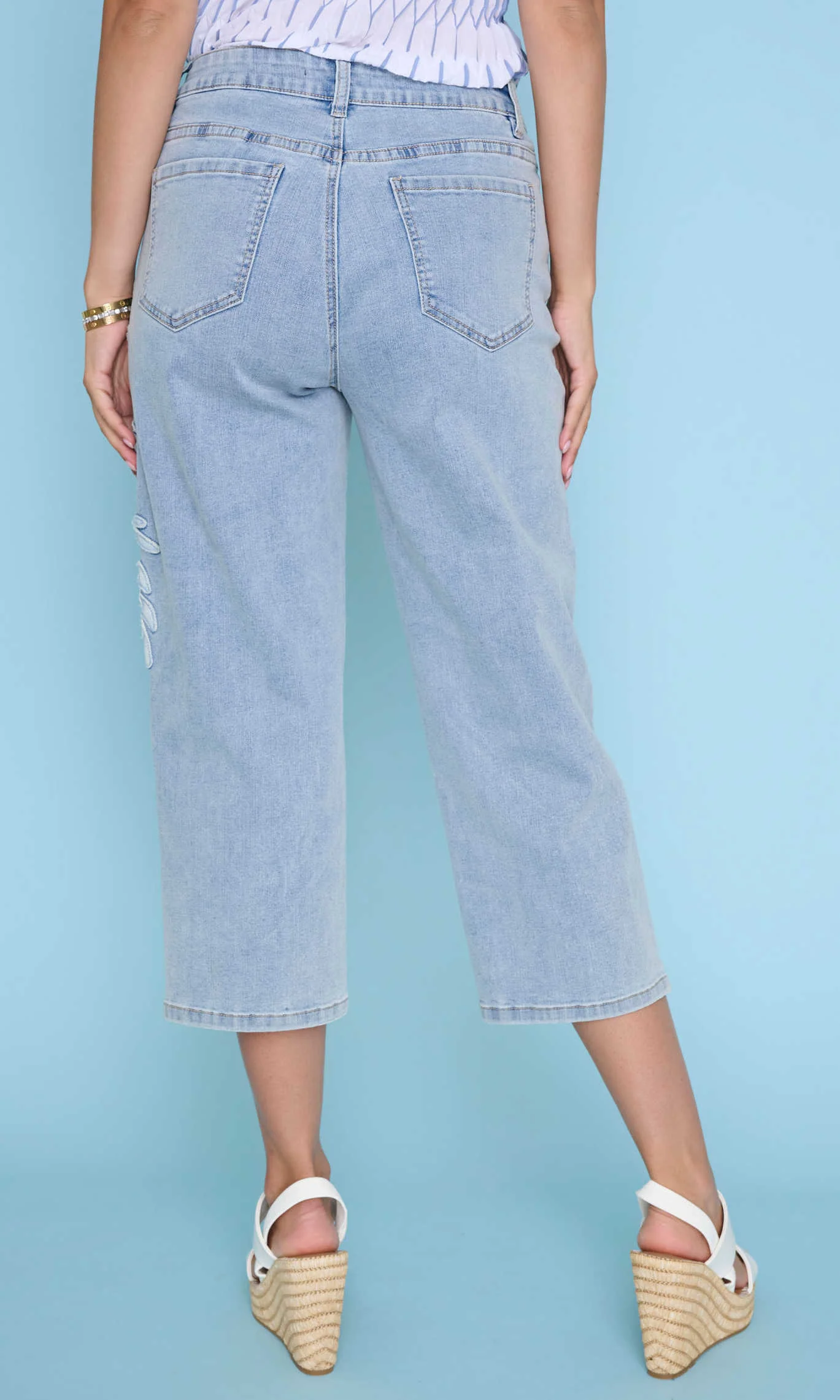 Cropped Wide Leg Embroidered Denim Jeans - Image 2
