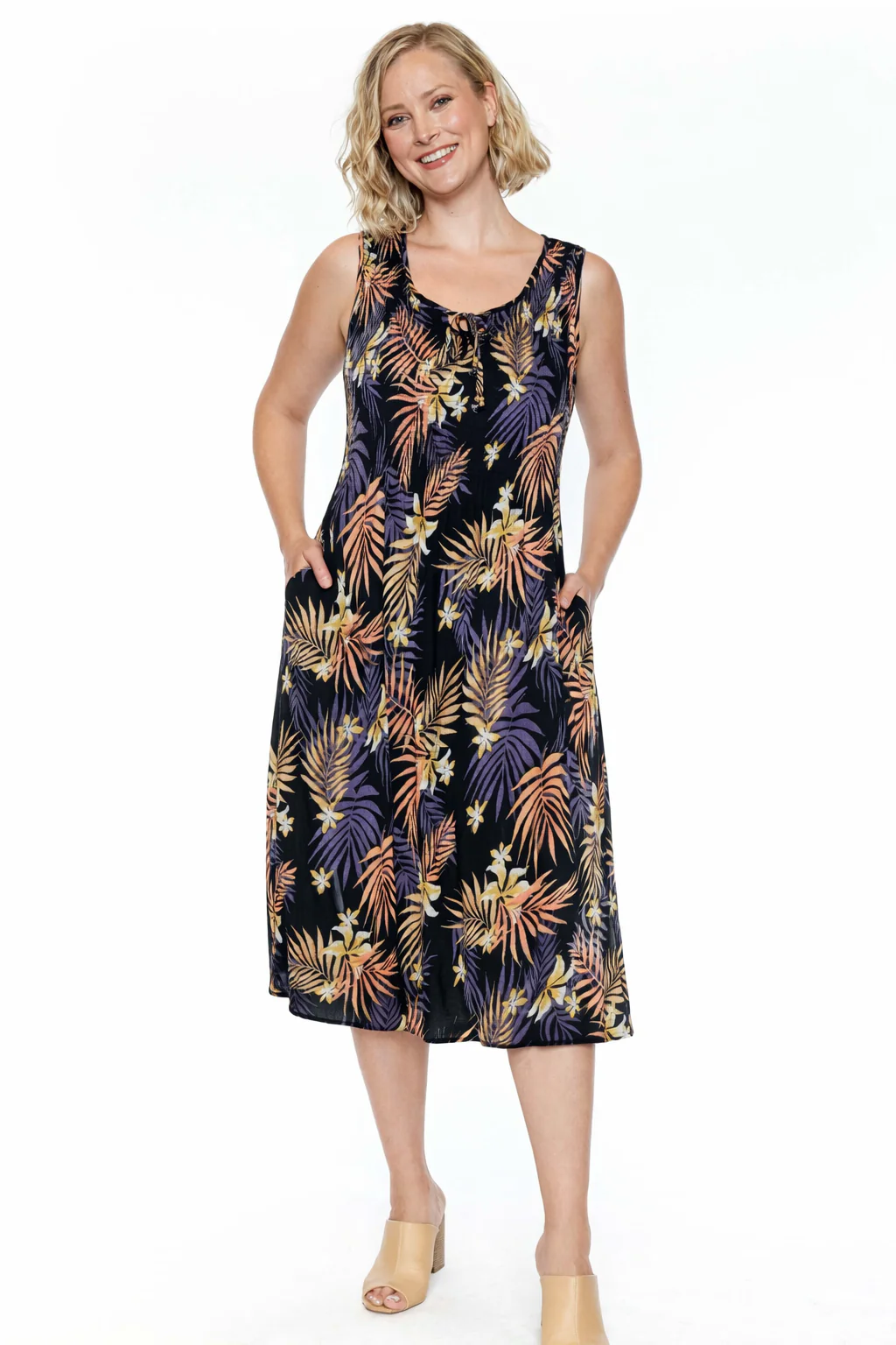 Sleeveless Tie Neck Printed Midi Dress