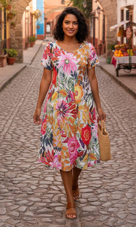 Floral Linen Short Sleeve Dress - Image 3