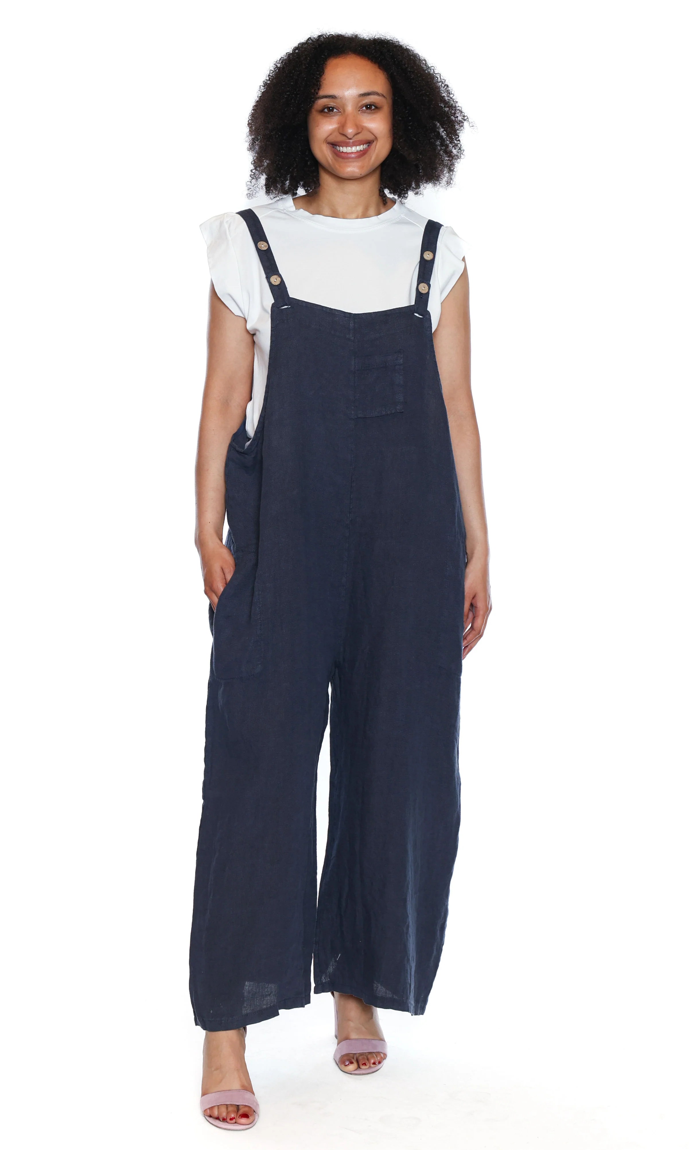 Linen Blend Wide-Leg Overalls with Adjustable Straps