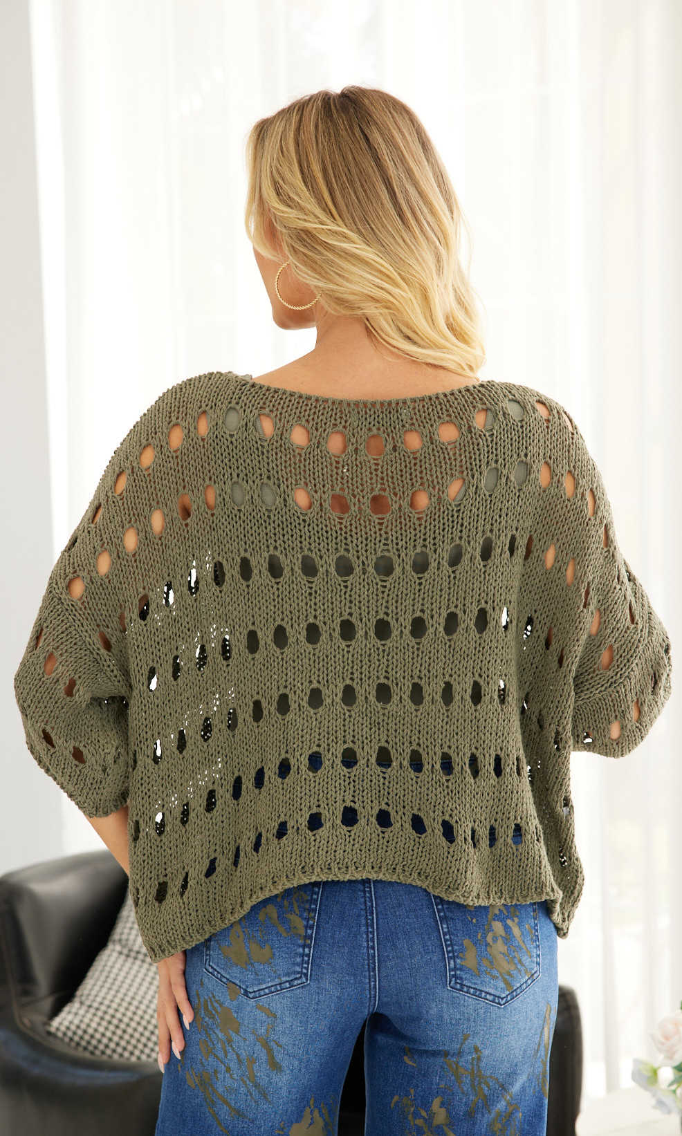 Open Stitch Dolman Sleeve Pullover - Image 3