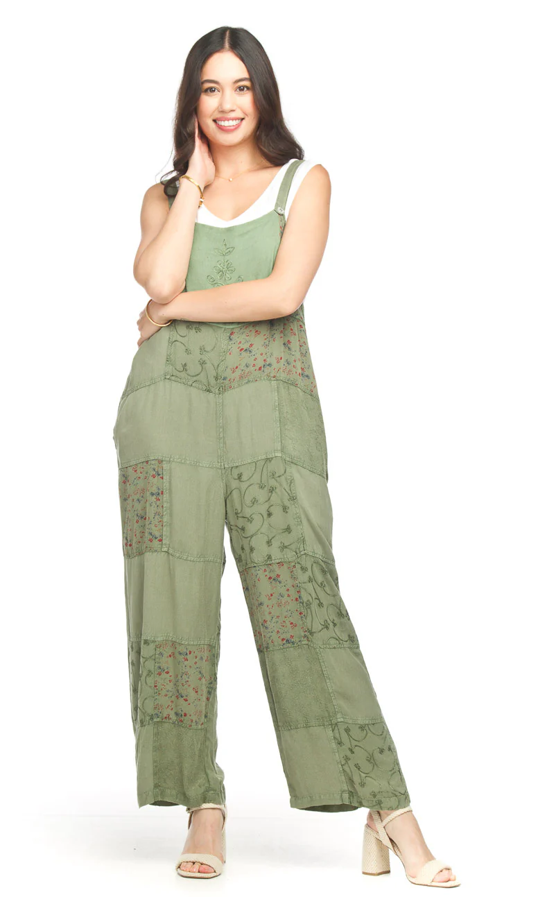Patchwork Embroidered Wide-Leg Overalls