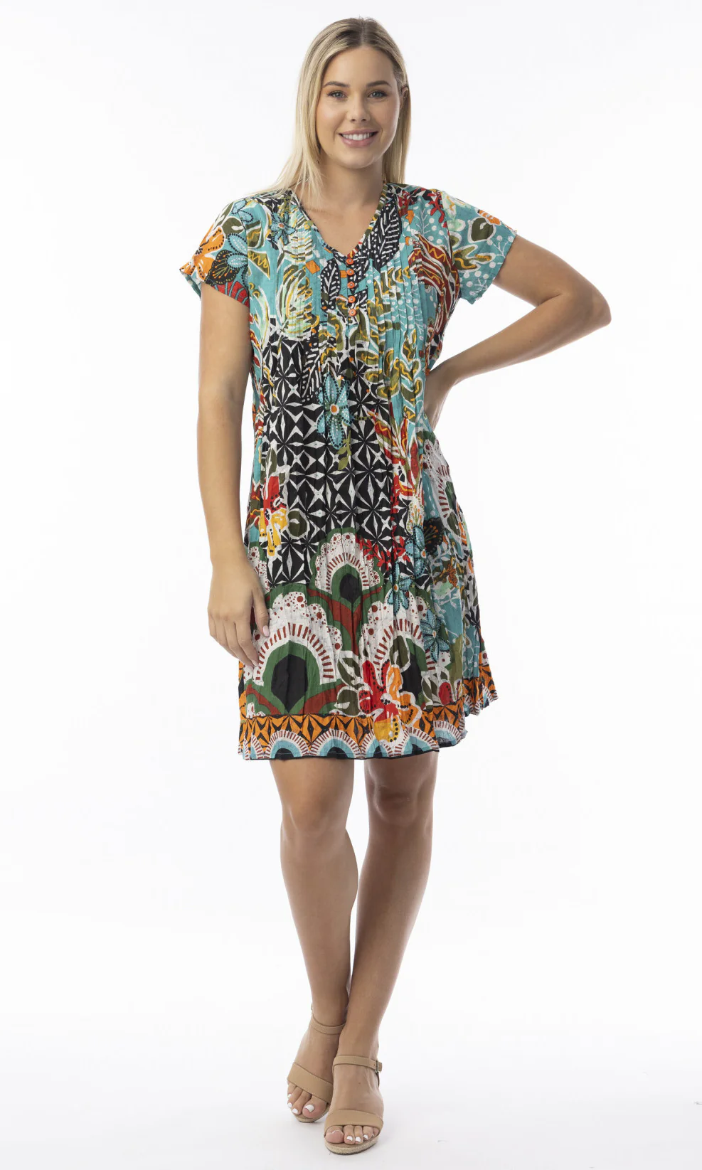 Mixed Print Pleated V-Neck Dress