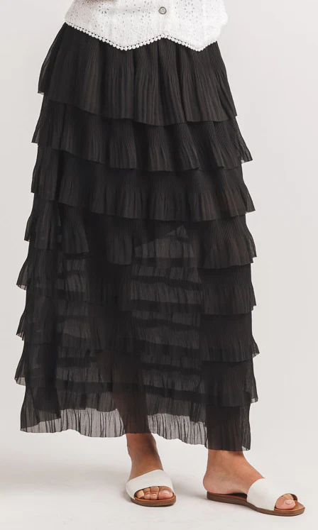 Tiered Pleated Mesh Midi Skirt