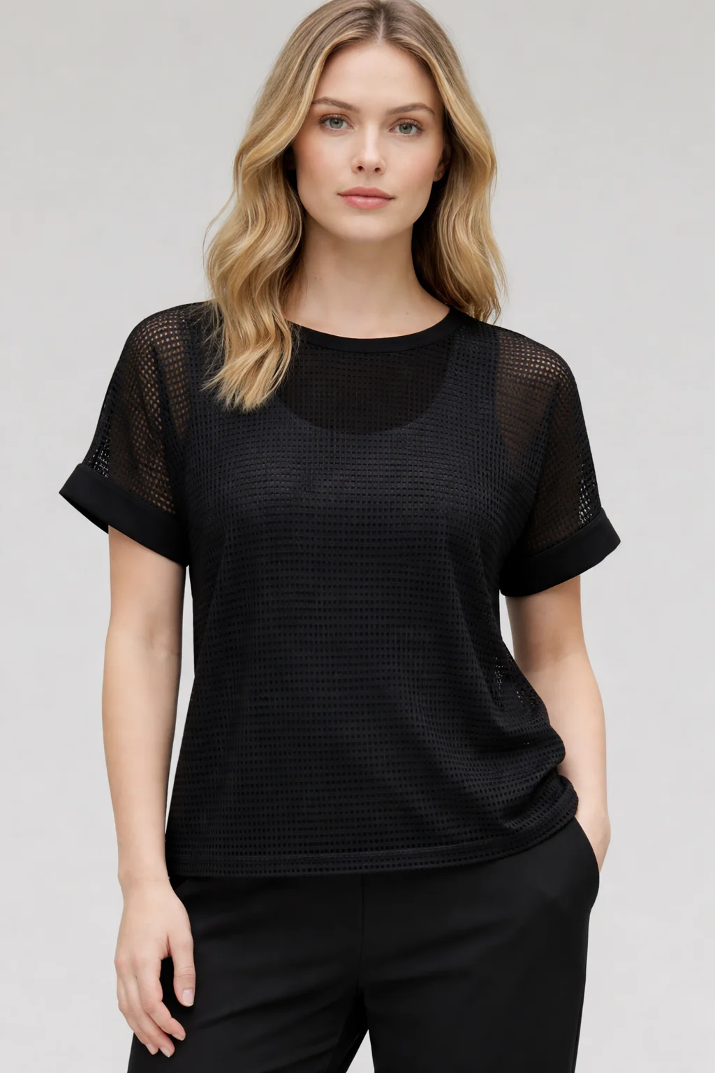 Ribkoff Mesh Overlay Short Sleeve Top