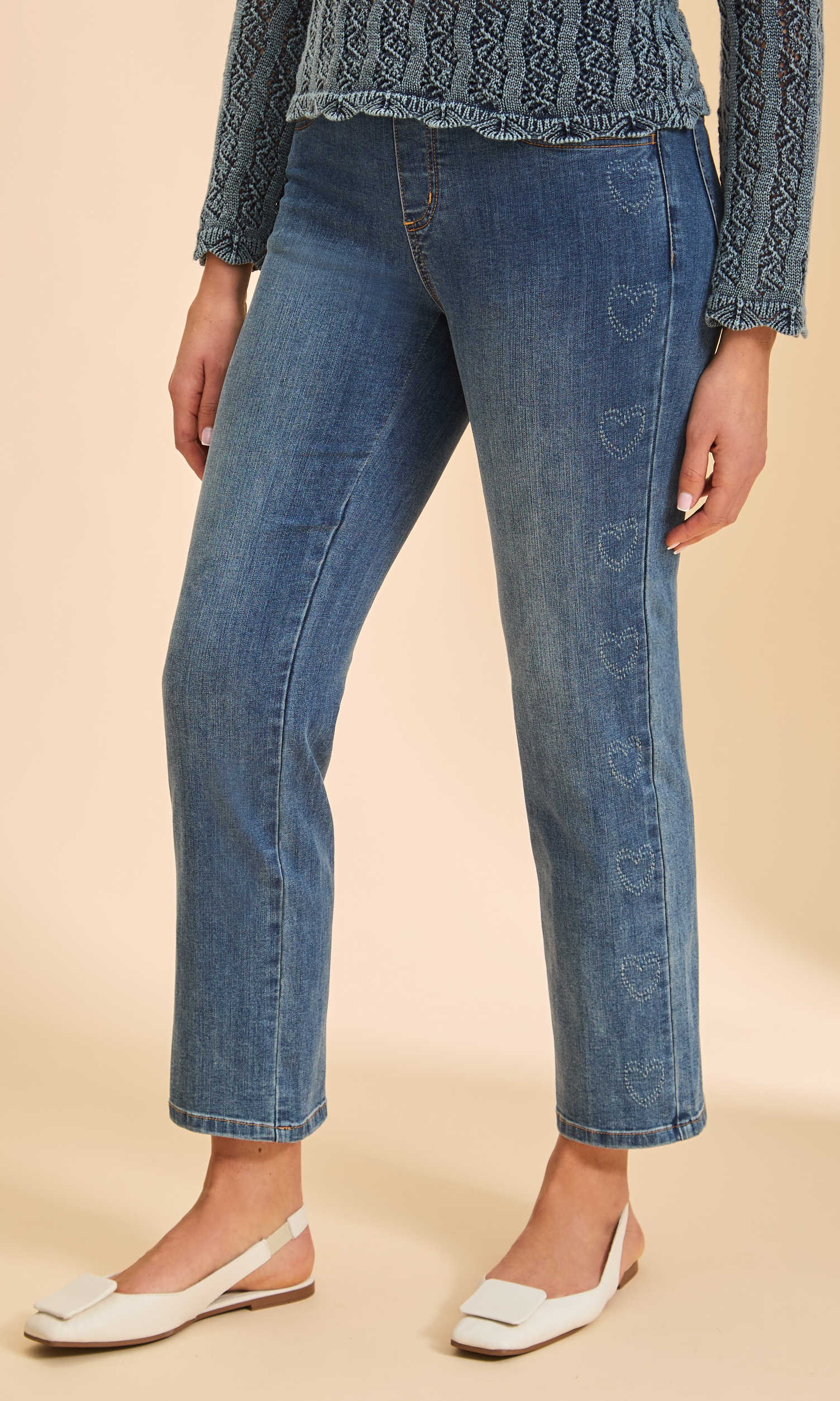 Studded Heart Cropped Straight Leg Denim