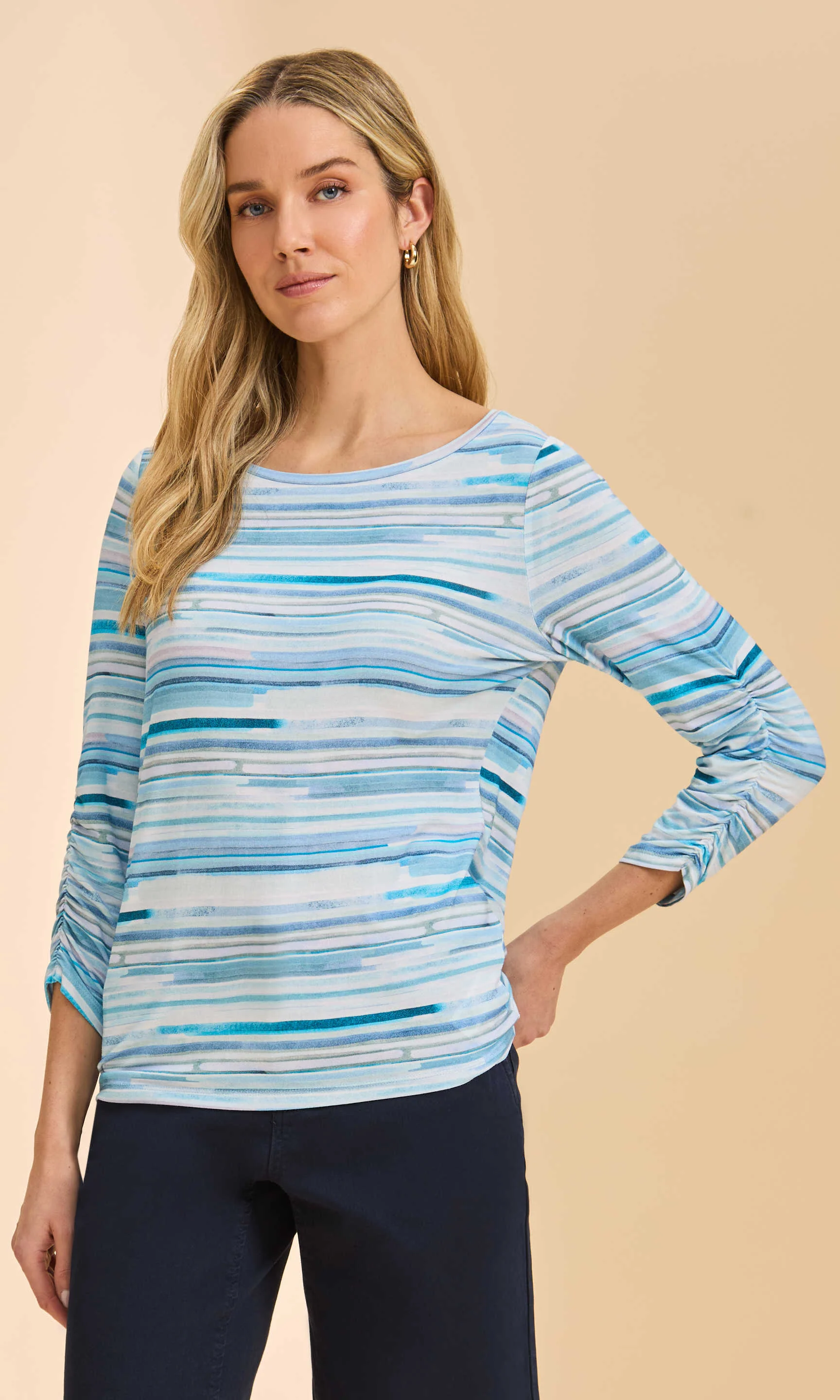 Boat Neck Ruched Sleeve Striped Print Top
