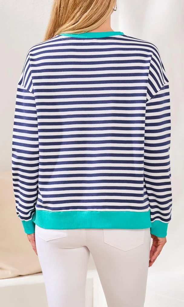 Striped Crew Neck Knit Top With Contrast Trim - Image 2