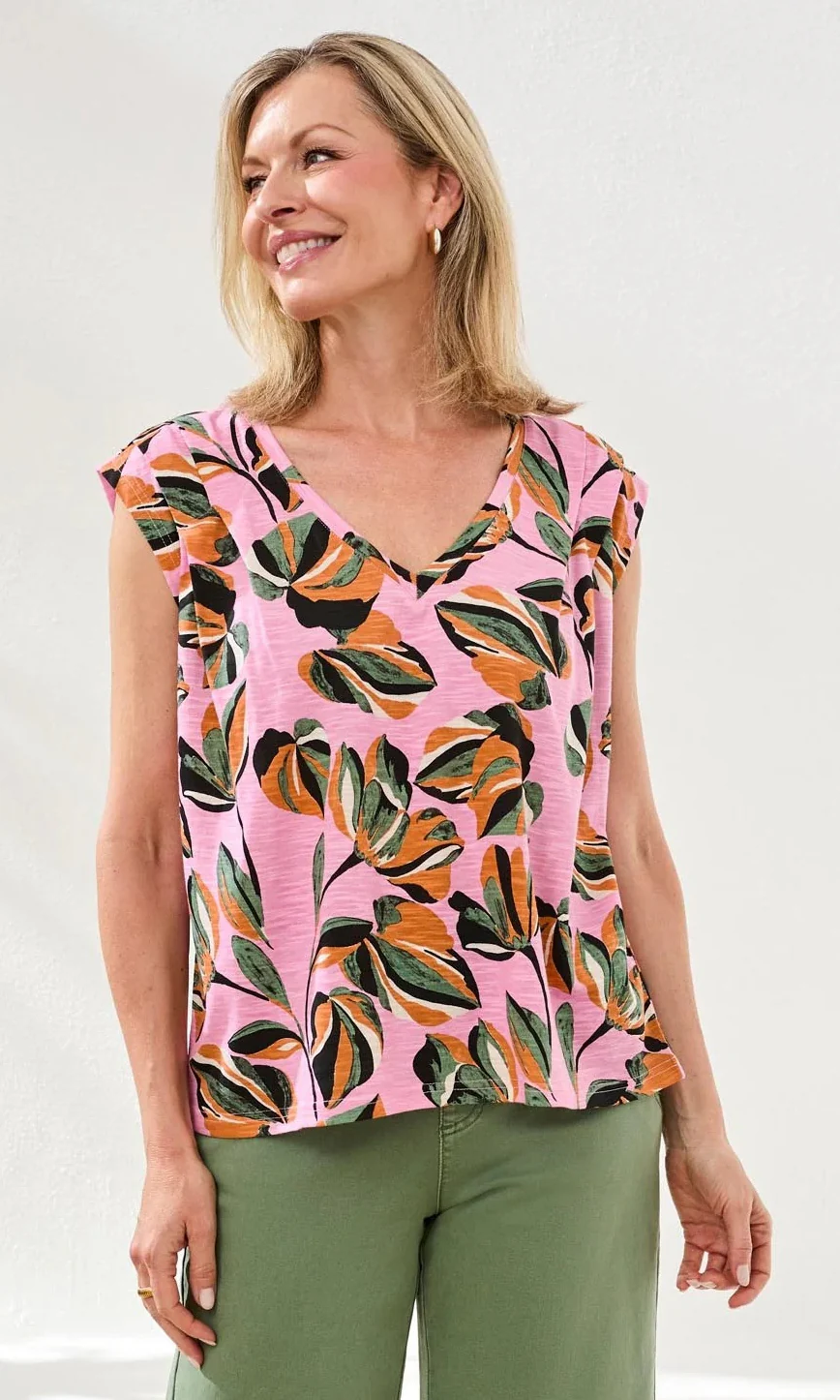 Abstract Leaf Print V-Neck Cap Sleeve Top