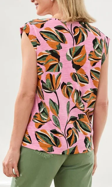 Abstract Leaf Print V-Neck Cap Sleeve Top - Image 2