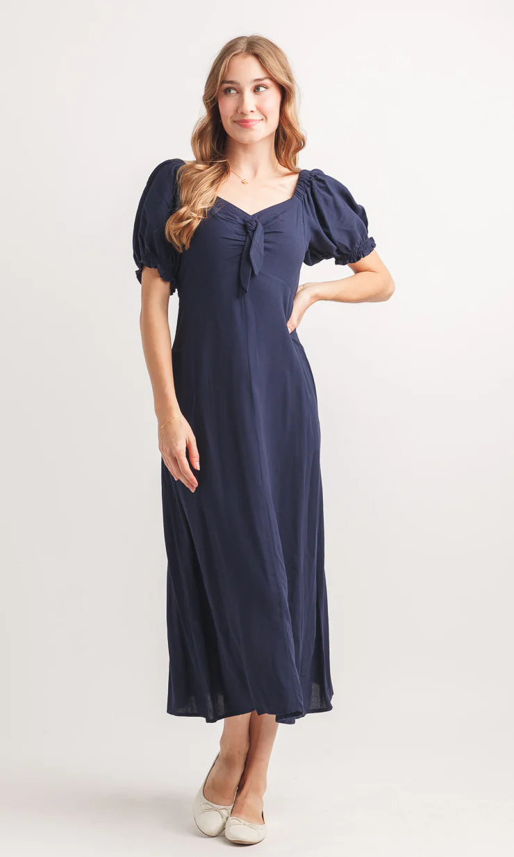 Puff Sleeve Tie Front Accent Dress