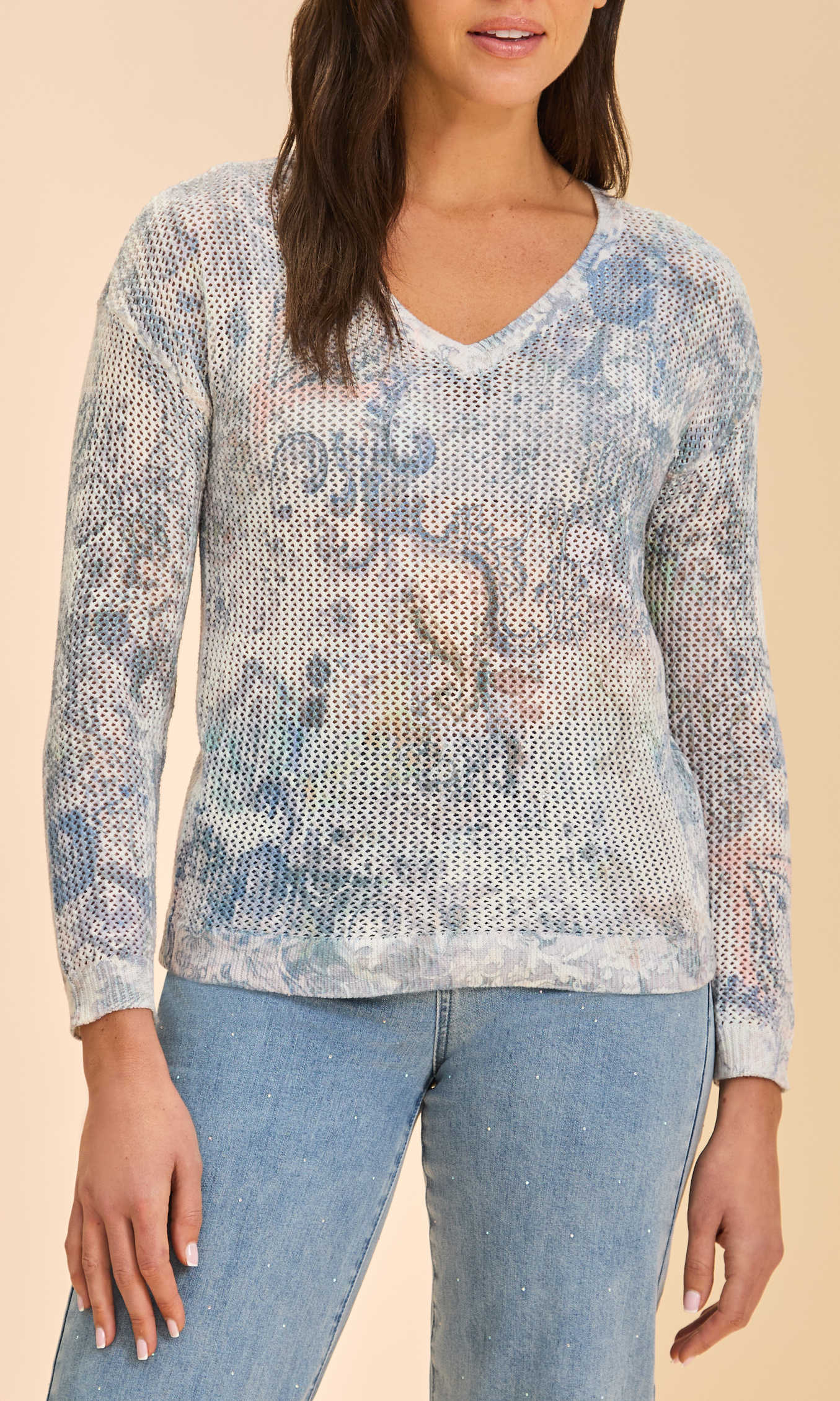 Floral Mesh Knit V-Neck Long Sleeve Sweater