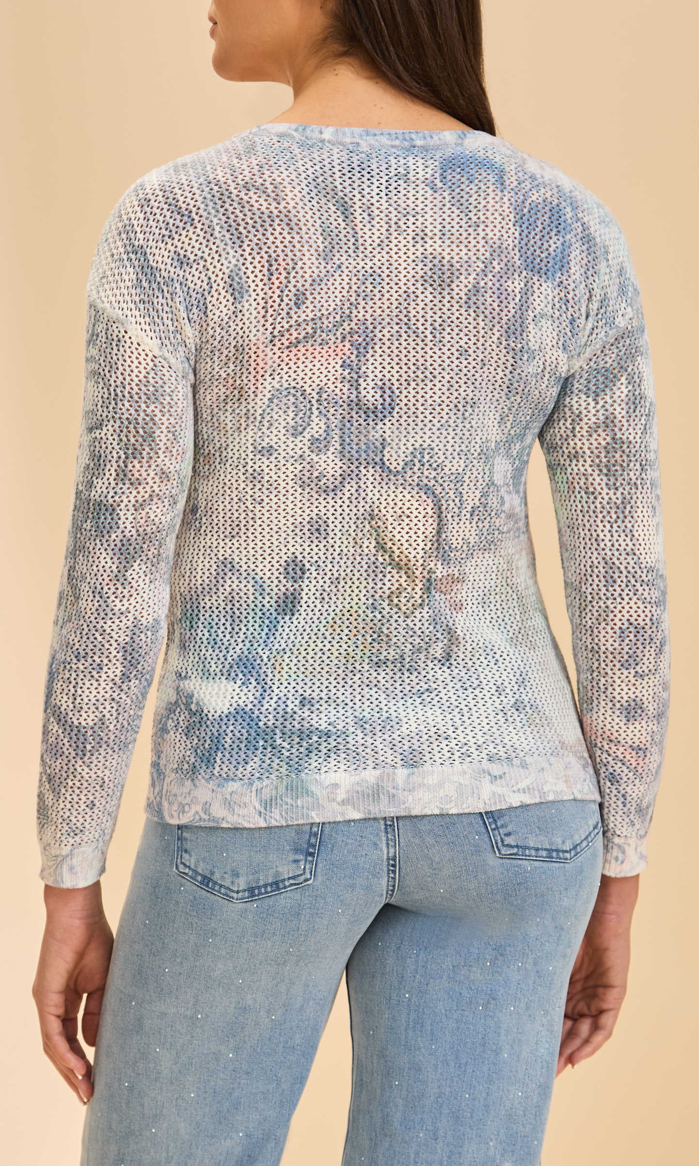 Floral Mesh Knit V-Neck Long Sleeve Sweater - Image 2
