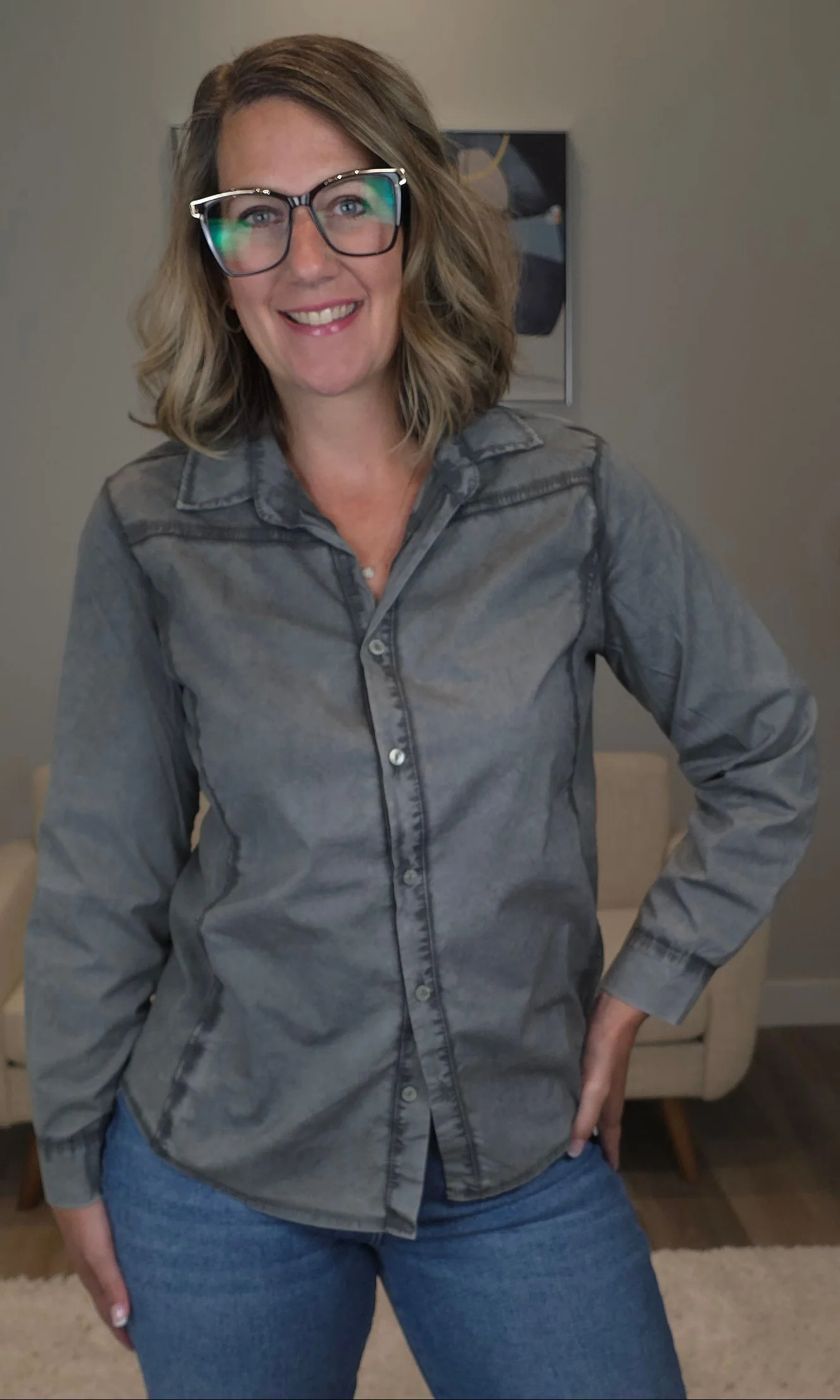 Button Front Washed Grey Shirt